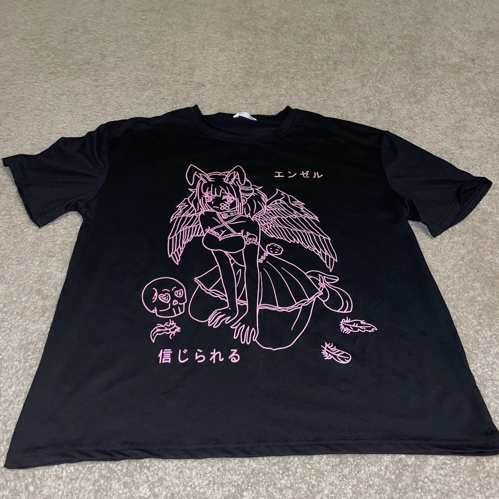 Romwe Womens Black Pink Anime Angel Graphic Tee Shirt Size L Harajuku E-Girl